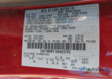 2006 Mercury Milan V6 Premier z USA, uszkodzony, nr VIN 3MEFM08116R603705